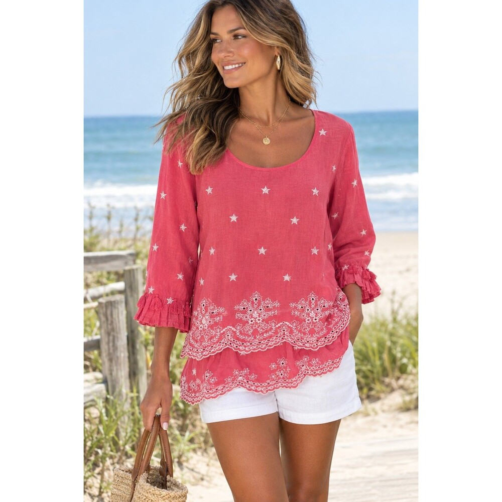 Coldwater Creek Tunic Women's 2X Coral Floral Embroidered Boho Peasant Top New